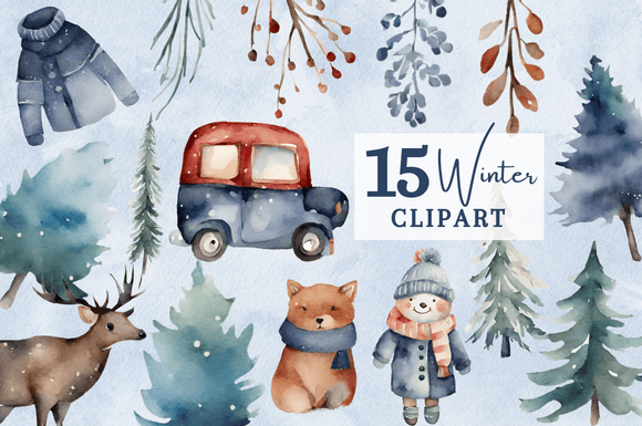 15 Watercolor Blue Winter Clipart for Crisp, Modern Designs