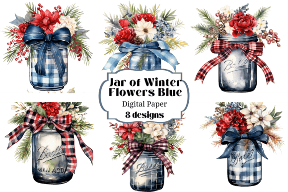 Blue Watercolor Winter Flowers Mason Jar Clipart